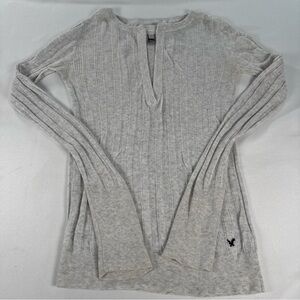 Vintage Y2K American Eagle Gray Deep V Neck Henley Shirt Womens Large Ribbed